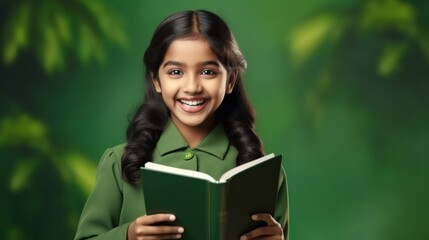 Fototapeta premium Happy smiling Indian girl holding book in hand and reading Isolated on green background.