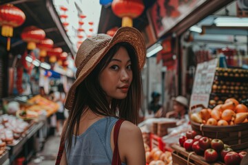Obraz premium Woman Standing in Front of Fruit Stand. Generative AI
