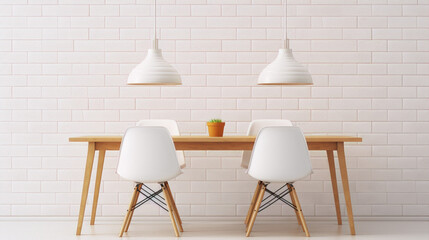 White minimalist dinning room with chairs, table and lamps. - obrazy, fototapety, plakaty