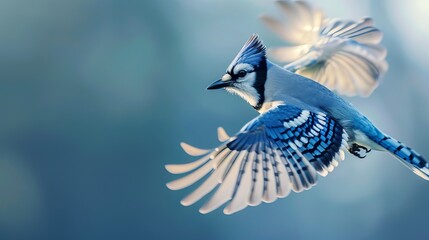 Graceful Blue Jay in Mid-Flight, Capturing the Elegant Movement and Detailed Feathers Against a Soft Focus Background