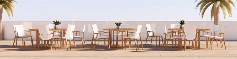 3d rendering of outdoor restaurant with wooden tables and chairs