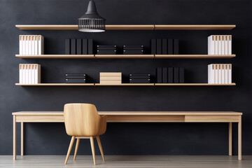 Black and wooden minimal office with shelves, desk and chair.