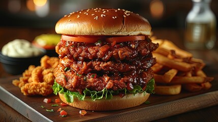 A stack of crispy fried chicken sandwiches with lettuce, tomato, and mayo, served on soft brioche