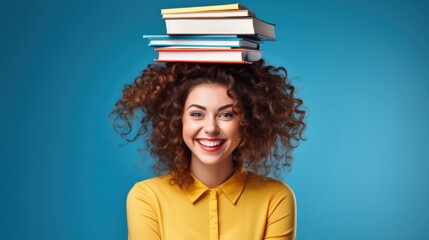Cheerful young woman with books piled on her head Isolated on a blue background. There is a photocopying area.