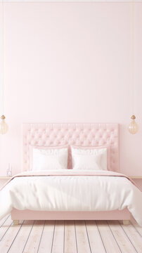 Minimalistic pink bedroom interior with elegant bed and white linens