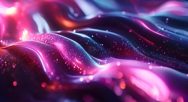 3d rendering of abstract wavy metallic surface with glowing particles in it. Futuristic background with dynamic waves.