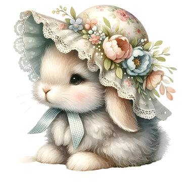 A delightful watercolor portrayal of a bunny adorned in a vintage-style Easter bonnet, evoking nostalgia and charm with its timeless allure.