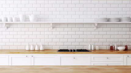 White brick wall and wooden table in the kitchen
