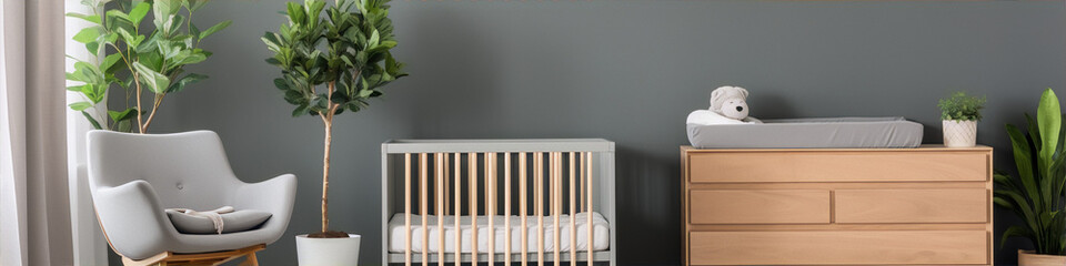 Grey rocking chair, wooden crib and changing table in dark green nursery - obrazy, fototapety, plakaty