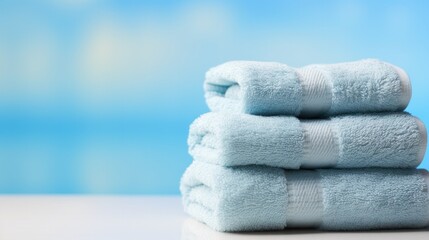 Fototapeta na wymiar Calm light blue spa towels with copy space