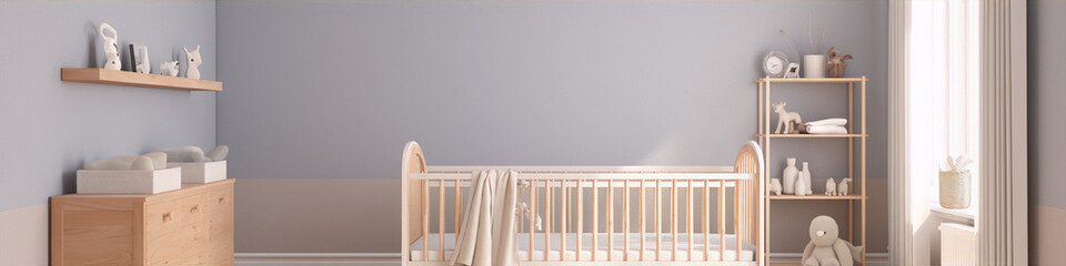 Wooden crib and changing table in minimal scandinavian nursery with pastel blue walls and white sheer curtains.