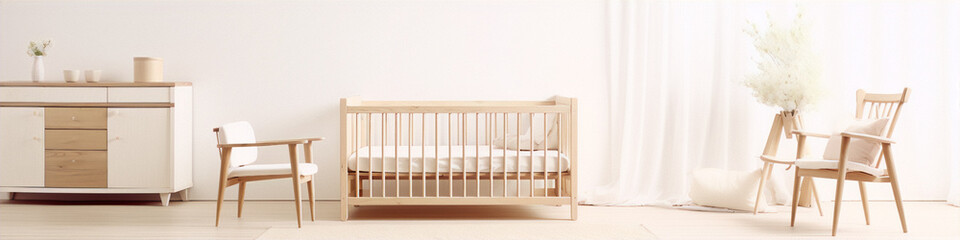 Minimalist nursery with wooden crib, dresser and chair in white and neutral colors.