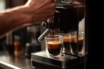 Man uses coffee maker in the morning to make coffee on blurred background.