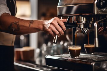 Fototapeta na wymiar Man uses coffee maker in the morning to make coffee on blurred background.