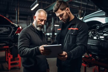Mechanic talks to customer and checks car engine during diagnostics in car service using computer in a garage - Powered by Adobe