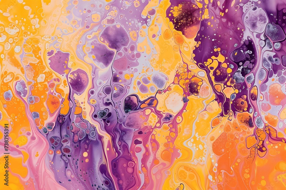 Wall mural Vibrant Abstract Acrylic Pour Painting with Swirling Purple and Orange Hues for Creative Backgrounds