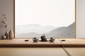 A wooden table with a tea set and a vase on it, with a view of mountains in the background. - obrazy, fototapety, plakaty