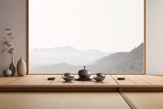 A wooden table with a tea set and a vase on it, with a view of mountains in the background.