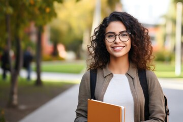 Young Latina female student with framed glasses smiling at camera holding notebook on campus at college in the morning