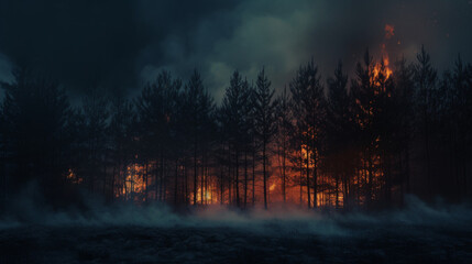 Fire in the forest at night. Burning trees. natural disaster. Fire and smoke in nature