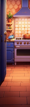 A cartoon kitchen with blue cabinets, yellow walls and a red brick floor.