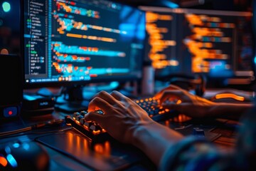 A business professional expertly coding a software program