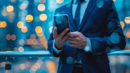 A business professional using a mobile app for secure financial transactions