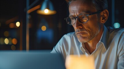 Ambitious middle-aged man using laptop computer sitting in modern office Mature man in glasses frames in a casual shirt. Seriously staring at the screen Copy area - obrazy, fototapety, plakaty