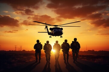 Fototapeta na wymiar Helicopter and a number of soldiers on the background of sunset