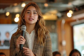 A businesswoman confidently pitching her startup idea at an investor pitch event