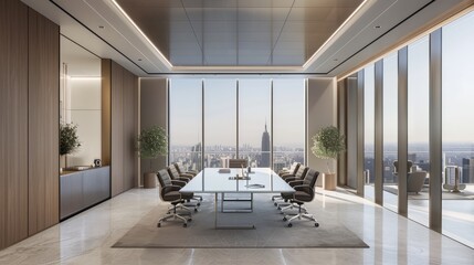 An elegant office boardroom with a panoramic view of the cityscape