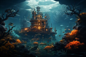a castle in the middle of the ocean surrounded by corals and fish - obrazy, fototapety, plakaty