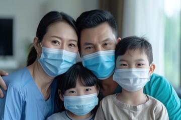 Healthy Asian family wearing surgical masks, quarantining together at home. - obrazy, fototapety, plakaty