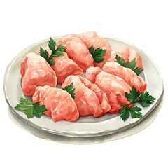 chicken breast arrangement on dish, type of meat, cute cartoon, full body, watercolor illustration.