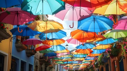 Fototapeta na wymiar Street decorated with colored umbrellas.summer vibe