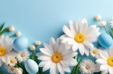 Banner spring flowers with free space, pastel colors blue, green, white, copy space