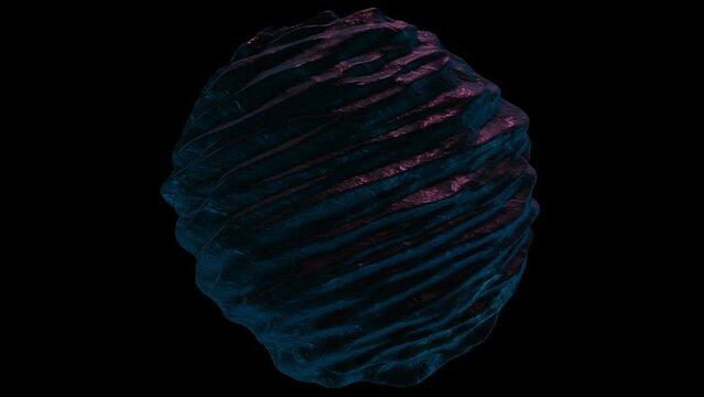 Abstract stone sphere with rough rough texture, amorphous organic sphere with neon backlight in blue and pink, stone ball or comet spinning on black background. 3d render of abstract planet