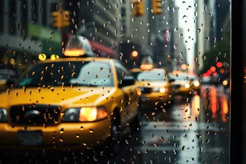 Afwasbaar Fotobehang New York taxi Yellow car in rainy road scene Looking through a wet window with rain drops