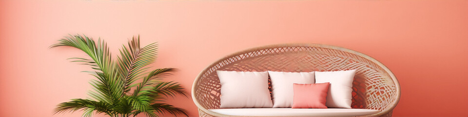 A living room with a pink wall, a wicker chair, and a potted palm tree.
