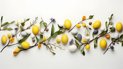 Obraz premium A masterful arrangement of Easter elements - from the supple willow branch to the array of colorful eggs - creates a captivating flat lay against a pure white background.