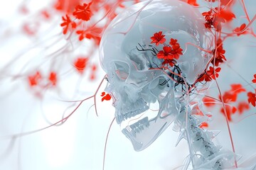 clear skeleton skull design red flowers conceptual background life and death 