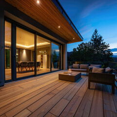 Wooden deck / balcony at night with furniture and open doors lea - obrazy, fototapety, plakaty