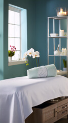 Orchid flower and towel on massage table in teal room