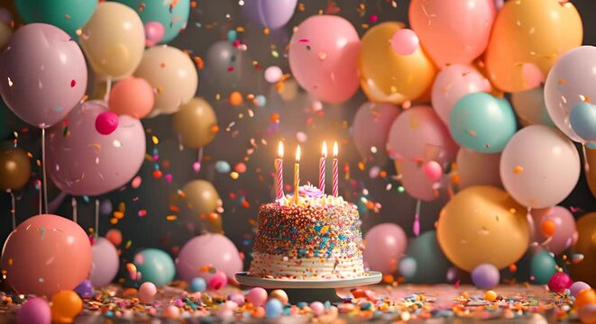 Birthday cake with candles and confetti on blurred background, 3d render