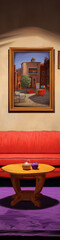 An illustration of a painting of a cityscape with a red couch and a table in front of it.