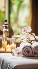 White and purple orchids with rolled up white towels and candles on massage table.