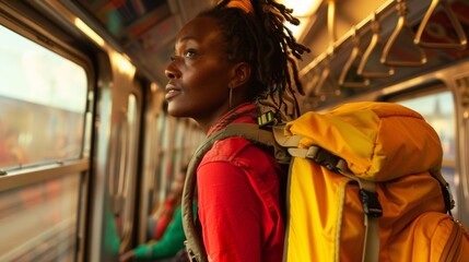Obraz premium Young woman traveler with backpack traveling by train.Solo traveler.
