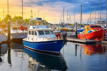 Fototapeta premium Colorful motorboats, sailboats and yachts docked at bustling marina. Generative AI