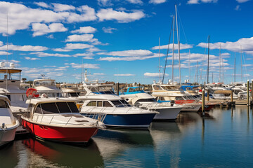 Fototapeta premium Motorboats, sailboats and yachts docked at bustling marina. Generative AI