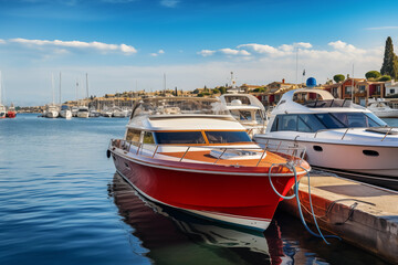 Fototapeta premium Colorful motorboats, sailboats and yachts docked at bustling marina. Generative AI